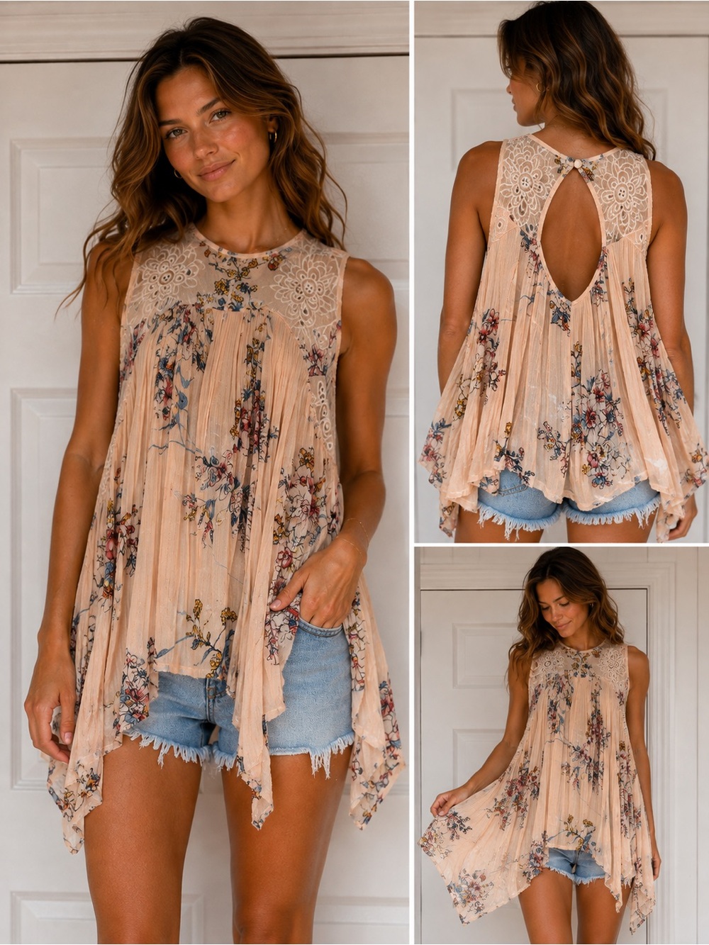 gimmicks by BKE Peach Floral Lace-Trim Sleeveless Peplum Tank